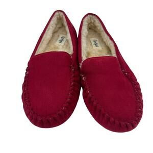 Floöpi Women Red Faux Suede Moccasin Slippers Sherpa Lined Memory Foam Sz 9